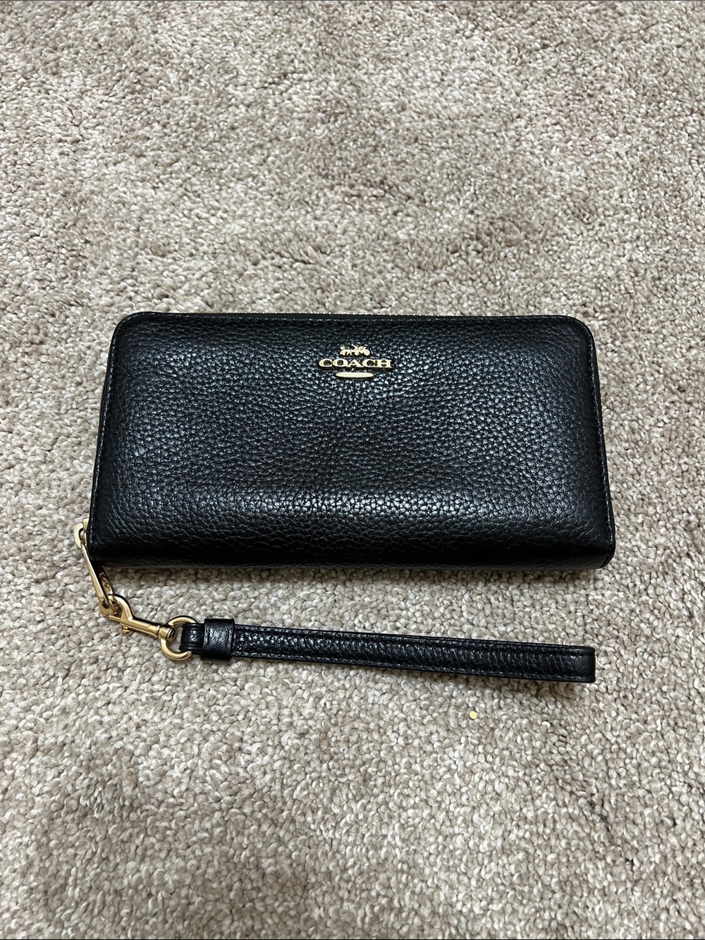 Coach Black Pebbled Leather Zip Wallet Wristlet with Gold Logo